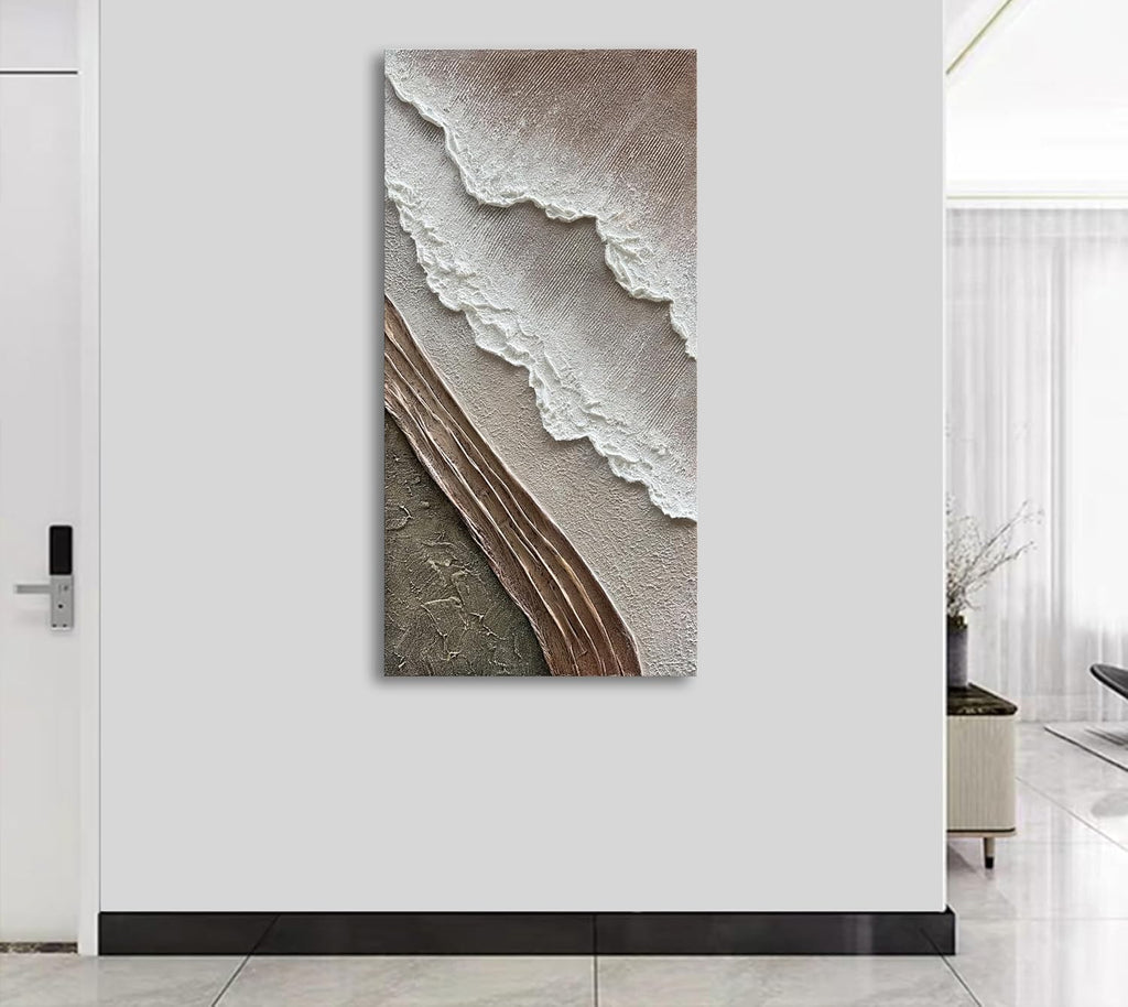 Hand Painted Thick Texture Art Oil Painting on Brown and White Beach Waves Landscape Art Home Wall Decorative Painting 48x24 Inches