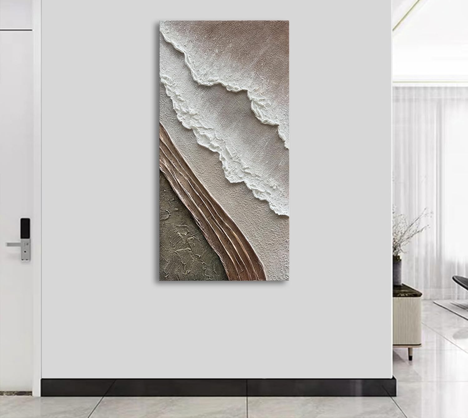 Hand Painted Thick Texture Art Oil Painting on Brown and White Beach Waves Landscape Art Home Wall Decorative Painting 48x24 Inches