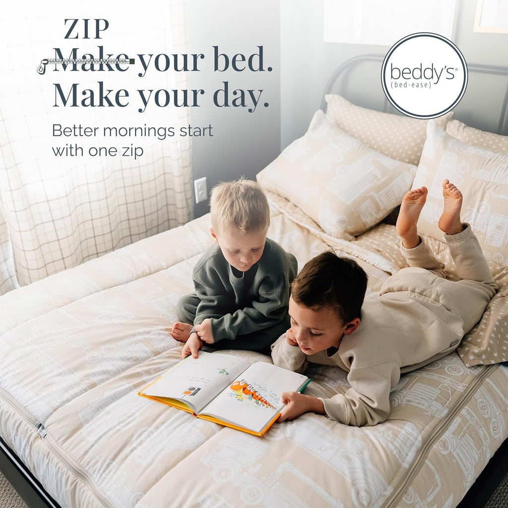 Beddy's Mack Trucks Theme Durable Zipper Bedding for Kids - Bed in a Bag - Tan Sheets & Comforter with Construction Trucks & Cars - Includes 2 Pillowcases & 2 Shams - Easy to Make & Wash - Full