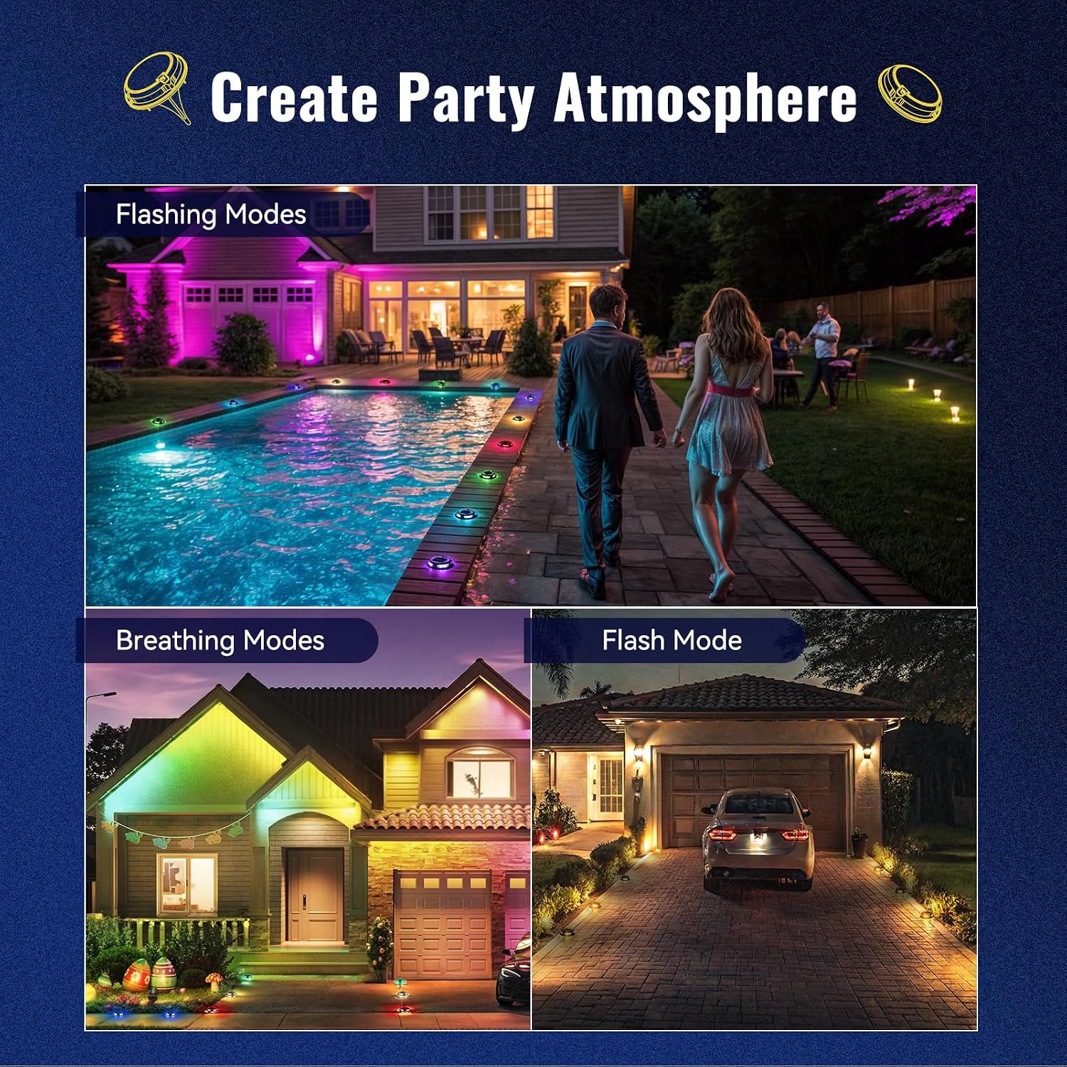 Solar Driveway Lights Outdoor 16 Pack, RGB Colors Solar Deck Dock Lights Outdoor Waterproof IP68, 3 Dynamic Light Modes Driveway Marker for Warning Stair, Boat Dock, Step, Walkway, Patio Decor