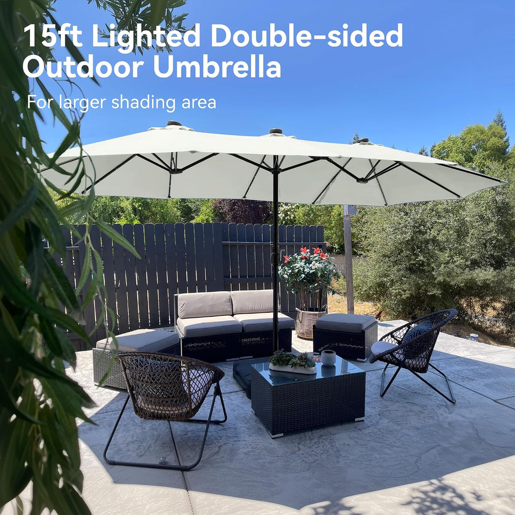 PHI VILLA 15ft Large Patio Umbrella with Solar Lights, Double-Sided Outdoor Market Rectangle Umbrellas with 36 LED Lights, Umbrella Base (Stand) Included, Ivory