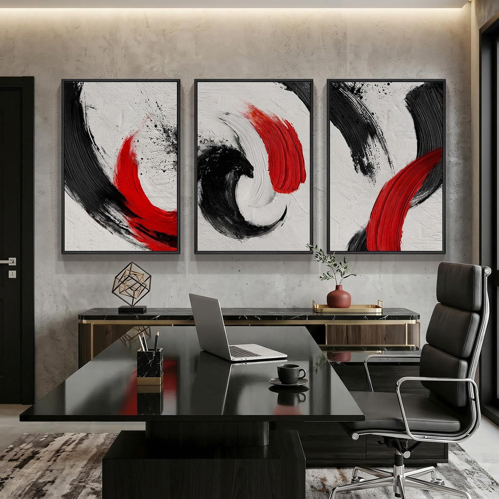 Large Framed Red Black White Abstract Wall Art for Living Room, 3 Piece Modern Canvas Prints Paintings Artwork for Walls, Red Black Minimalist Pictures for Bedroom Hallway Office Wall Decor 24x36 In