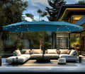 PHI VILLA 15ft Large Patio Umbrella with Solar Lights, Double-Sided Outdoor Market Rectangle Umbrellas with 36 LED Lights, Umbrella Base (Stand) Included, Cyan