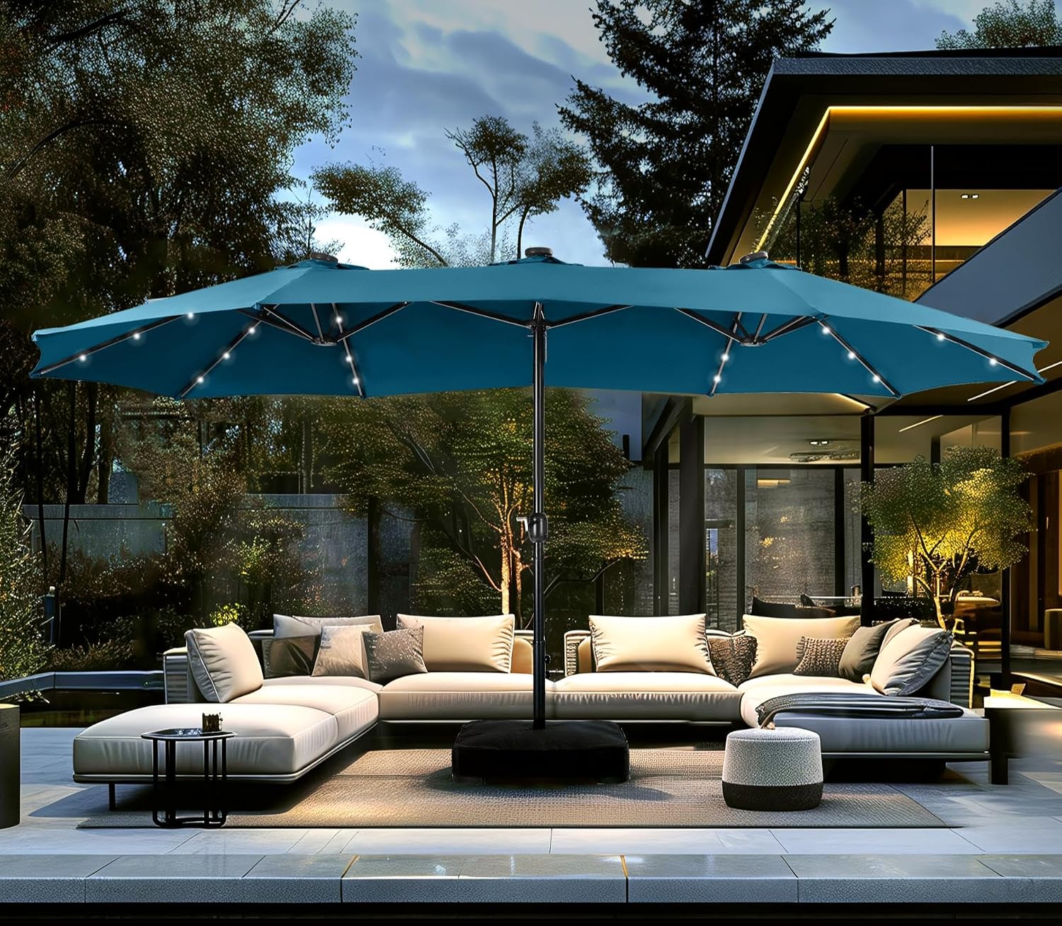 PHI VILLA 15ft Large Patio Umbrella with Solar Lights, Double-Sided Outdoor Market Rectangle Umbrellas with 36 LED Lights, Umbrella Base (Stand) Included, Cyan
