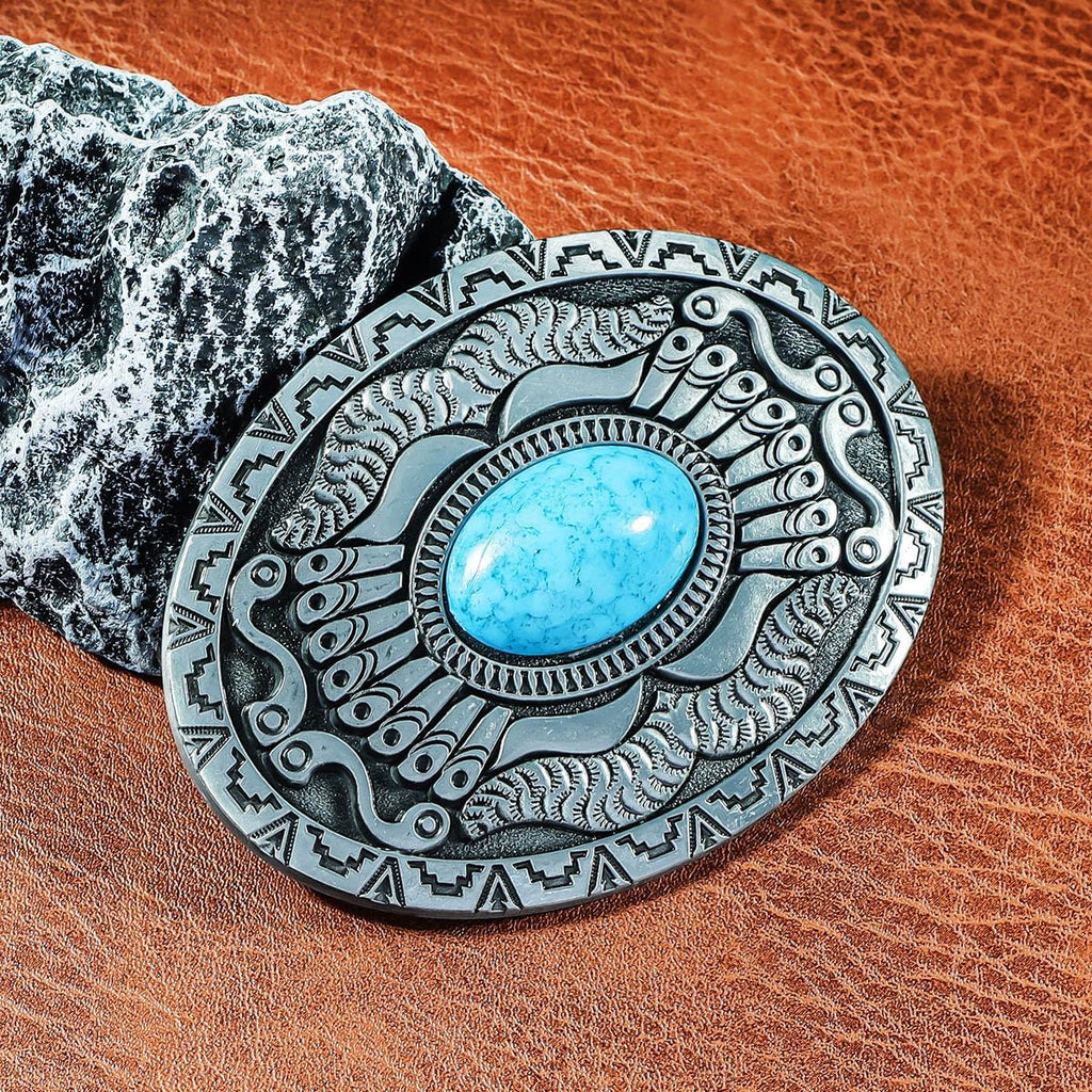 Men's Western Belt Buckle - Vintage Turquoise with Native American & Cowboy Elements
