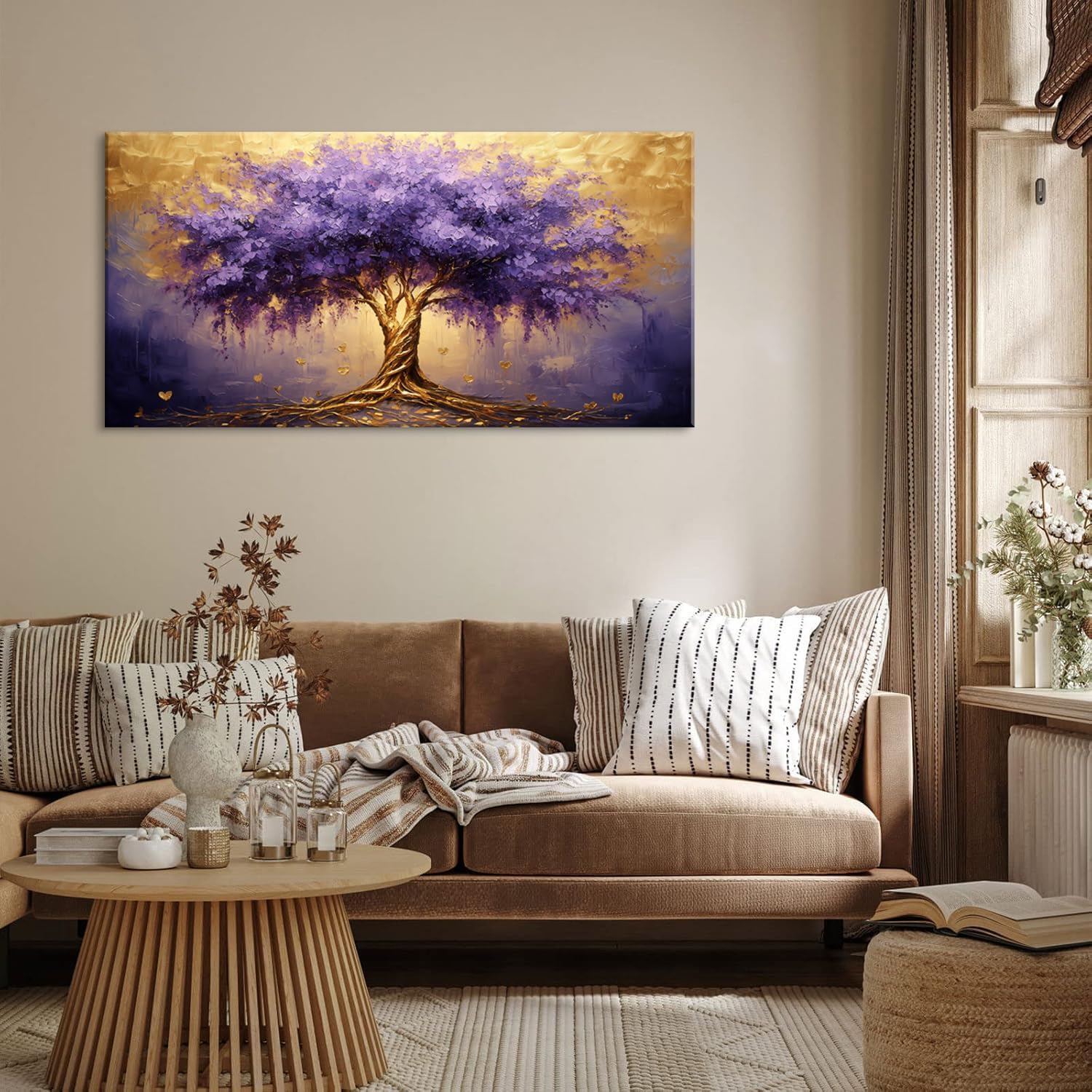 Calming Tree of Life Wall Art for Living Room Office Purple Brown Canvas Painting Prints Large Nature Plant Artwork Home Family Bedroom Decor (28x58 Inches)