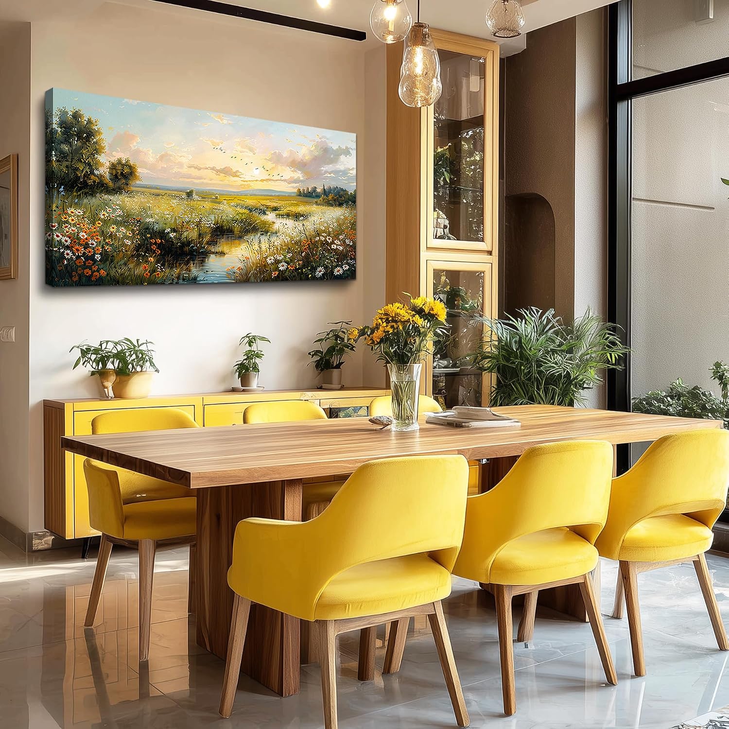 XIGUANGART Rustic Landscape Wall Art Canvas Prints Nature River Meadow flowers Wall Decor Sunset Pastoral Abstract Pictures Modern Artwork for Living Room Bedroom Kitchen Office Large Home Decorations