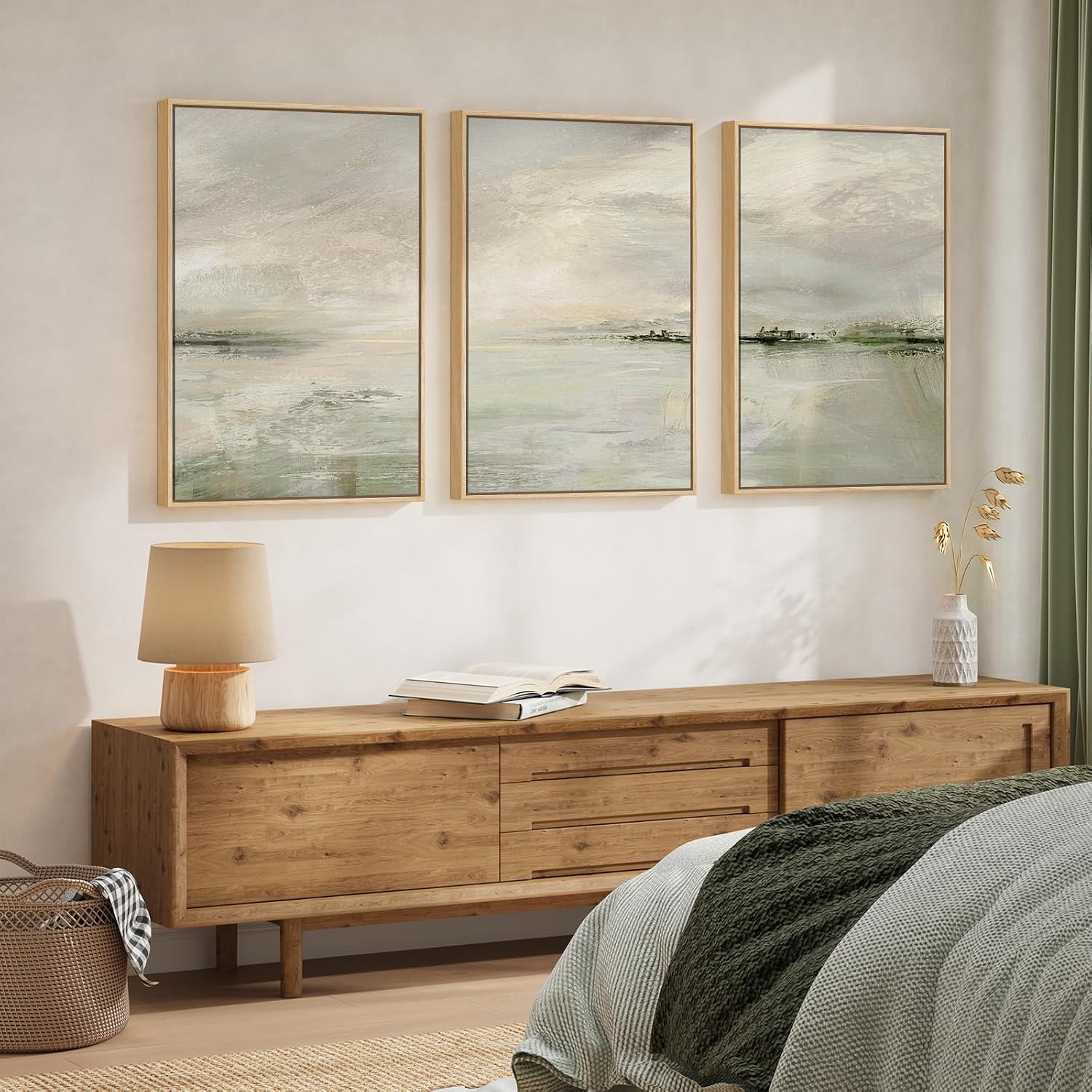 Large Framed Sage Green Abstract Landscape Wall Art, 3 Piece Modern Canvas Prints Paintings Artwork for Walls, Minimalist Nature Pictures for Living Room Dining Room Hallway Wall Decor, 20x30 In
