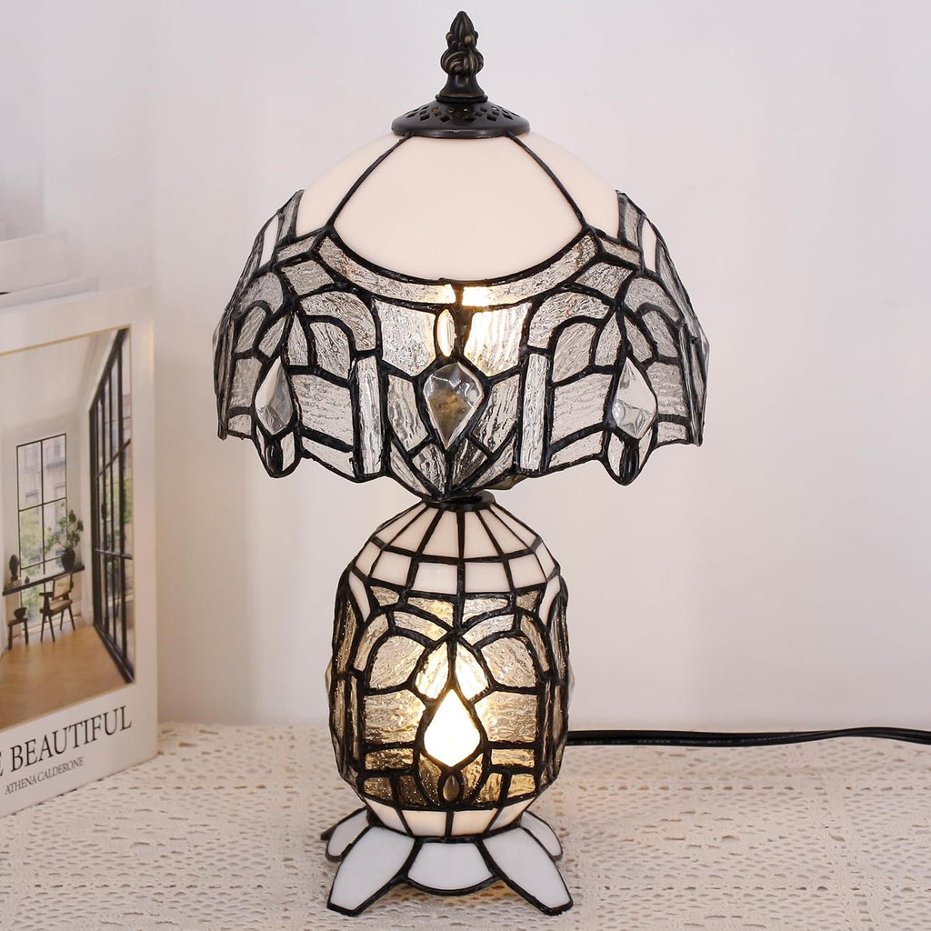 Small Tiffany Lamp Stained Glass Table Lamp Mini Mother Daughter Vase Desk Accent Light for Bedroom Bedside Reading Home Antique Style Decor 8X14 Inches (White)