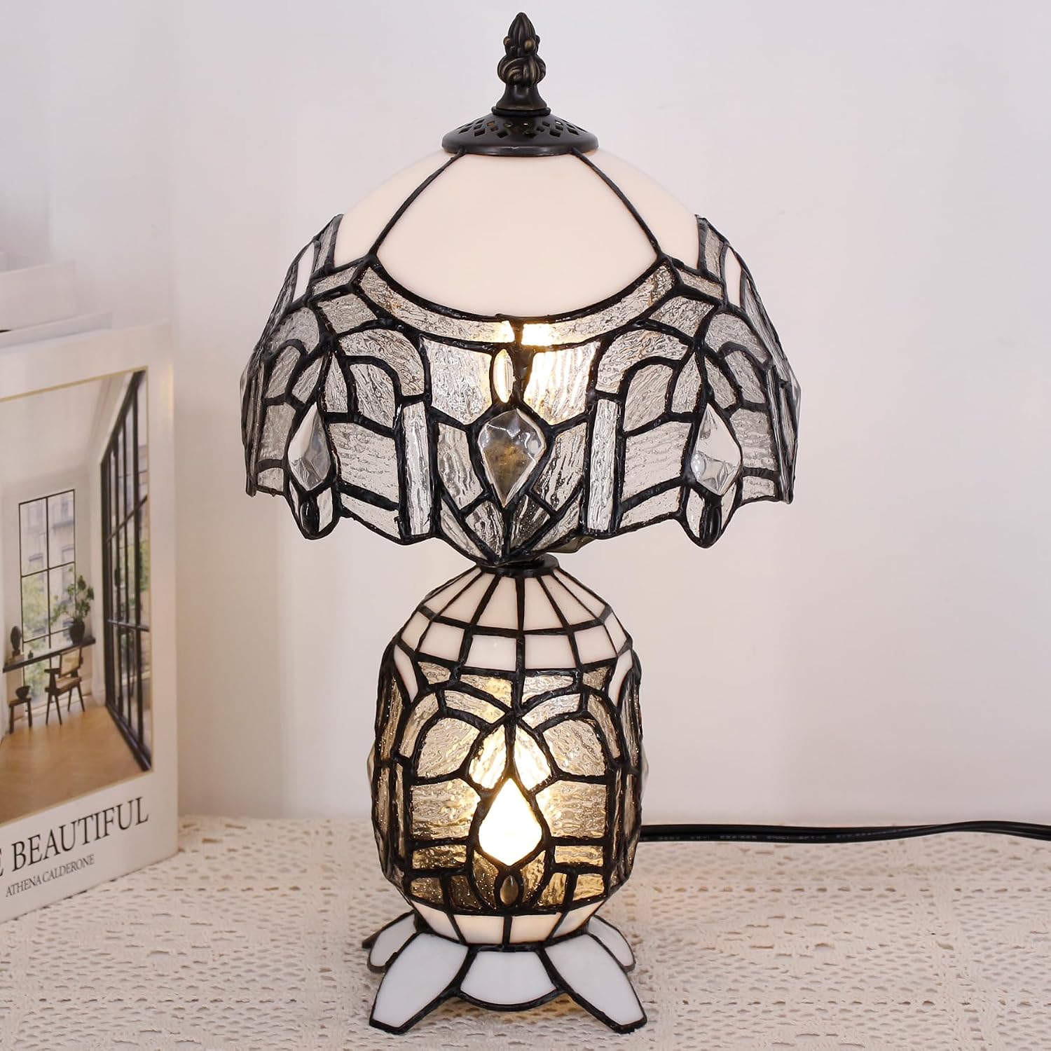 Small Tiffany Lamp Stained Glass Table Lamp Mini Mother Daughter Vase Desk Accent Light for Bedroom Bedside Reading Home Antique Style Decor 8X14 Inches (White)