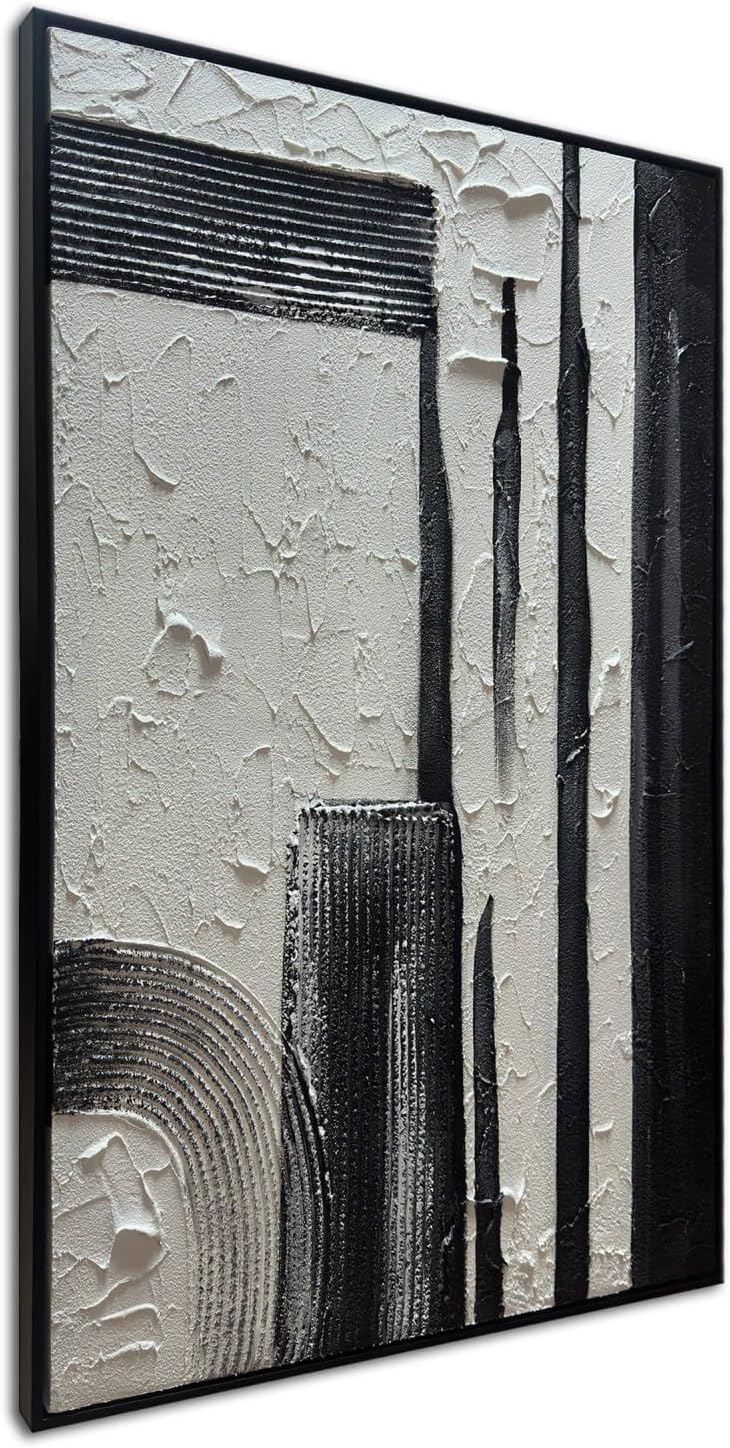 Slyart Hand Painted Black and White Textured Wall Art Black Framed Abstract Oil Paintings on Canvas Large Texture Minimalism Artwork for Home Decorations