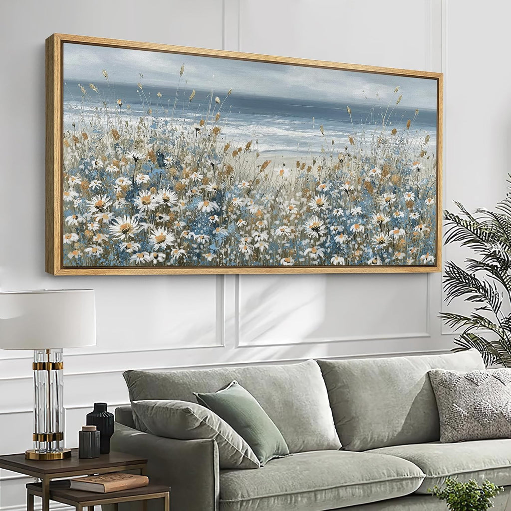 SIGNFORD Extra Large Framed Canvas Print Wall Art Coastal Wildflowers Beach Meadow Landscape llustrations Modern Art Relax/Calm Warm for Living Room, Bedroom, Office - 60'x30'