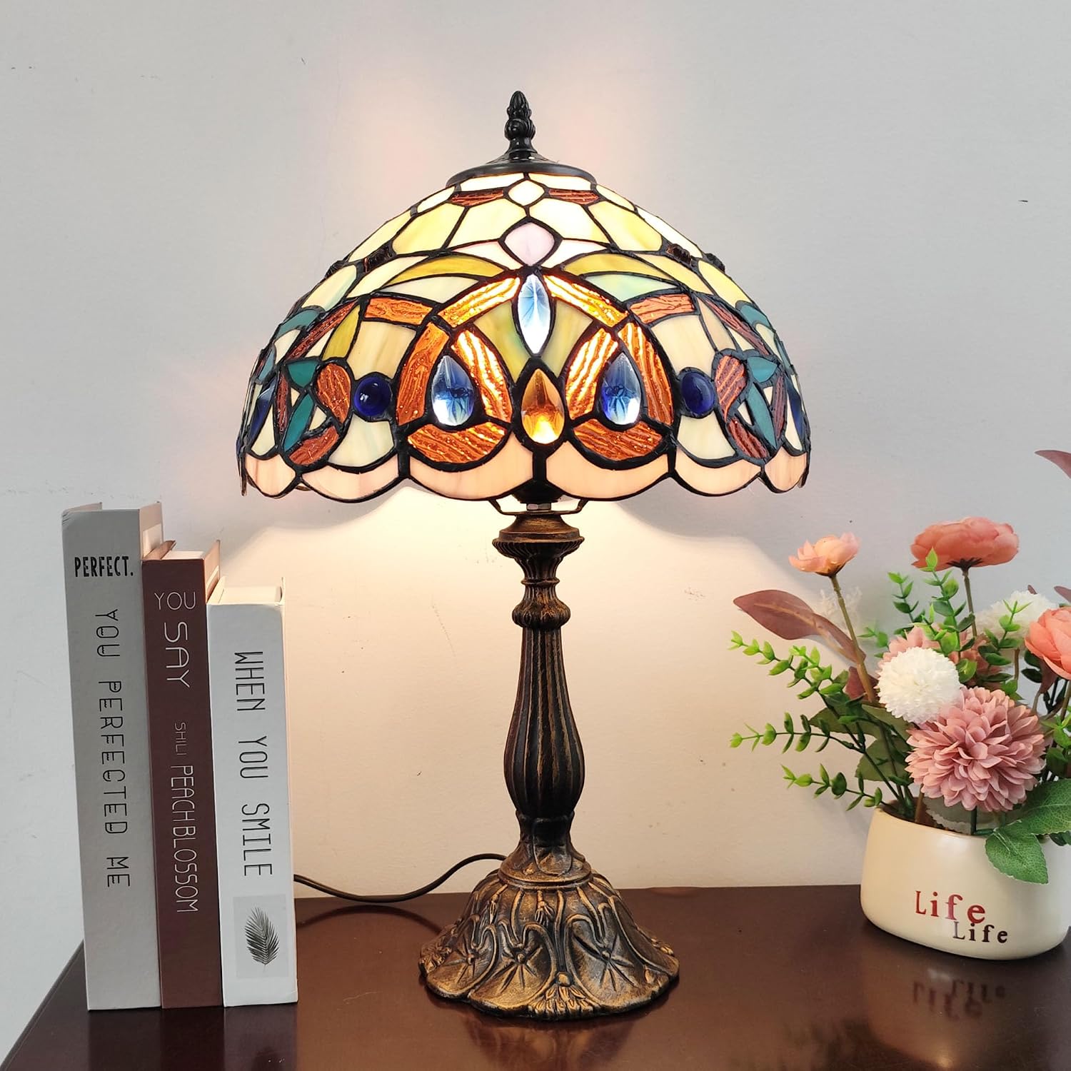 Tiffany Table Lamp Victorian Style Stained Glass Desk Light 12 Inch Tiffany Style Bedside Lamp with LED Bulb for Bedroom Living Room Office Decor