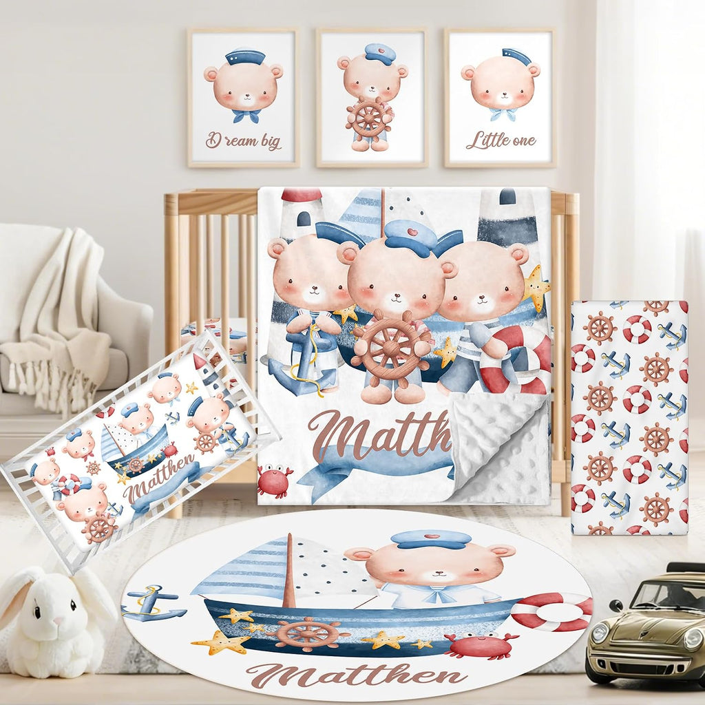 Custom Baby Crib Bedding Set, 5 PCS Personalized Name Baby Crib Sets for Girls Boys, Sailor Bear Theme Nursery Bedding Sets for Infant Toddler, Double Layer Flannel Bed Set Customized Gifts