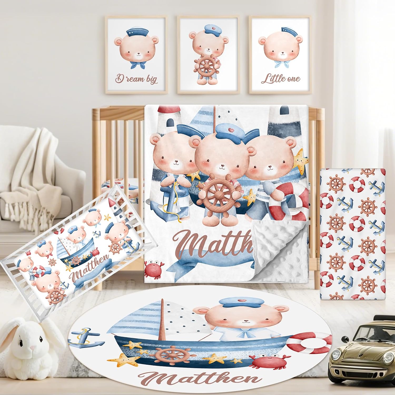 Custom Baby Crib Bedding Set, 5 PCS Personalized Name Baby Crib Sets for Girls Boys, Sailor Bear Theme Nursery Bedding Sets for Infant Toddler, Double Layer Flannel Bed Set Customized Gifts