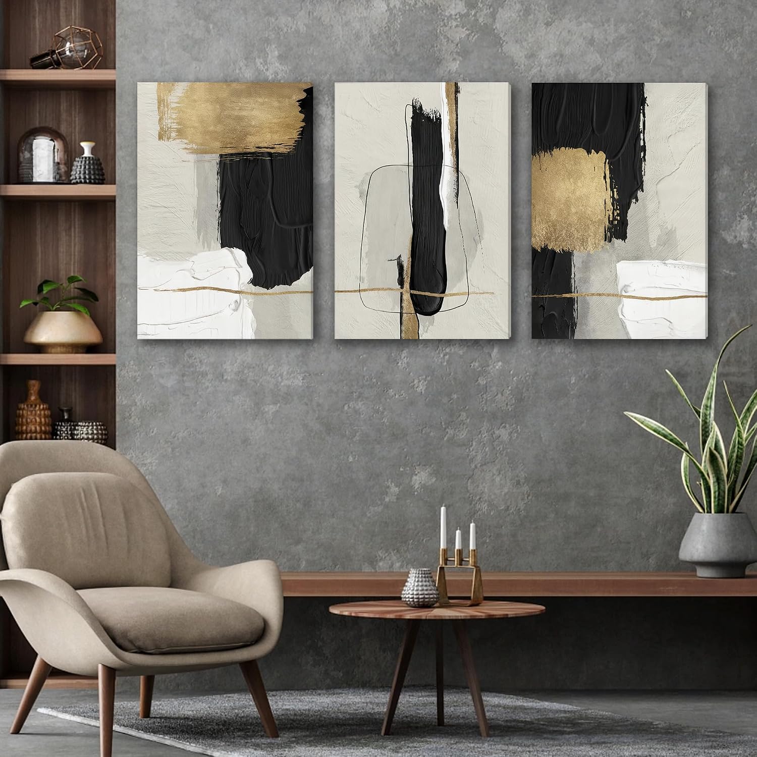 DUWQU 3 Pieces Large Black and Gold Abstract Canvas Wall Art, Modern Black Gold and White Art Wall Decor, Minimalist Grey Beige Block Prints for Living Room Bedroom Office Home Decorations 20×30 Inches
