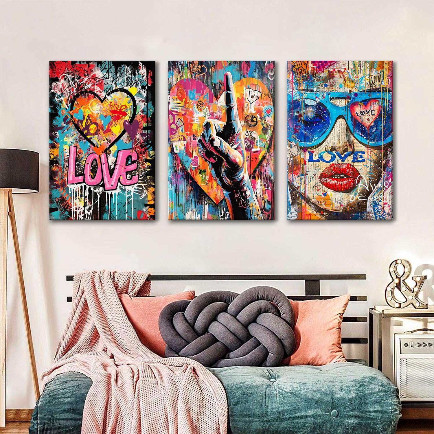 Banksy Art Wall Decor Cool Street Graffiti Canvas Wall Art Abstract Artist Love Gesture Posters Print Artwork Colorful Giclee Framed Artwork for Mens Bedroom Trendy Player Home Decoration 24x36 3 Pcs