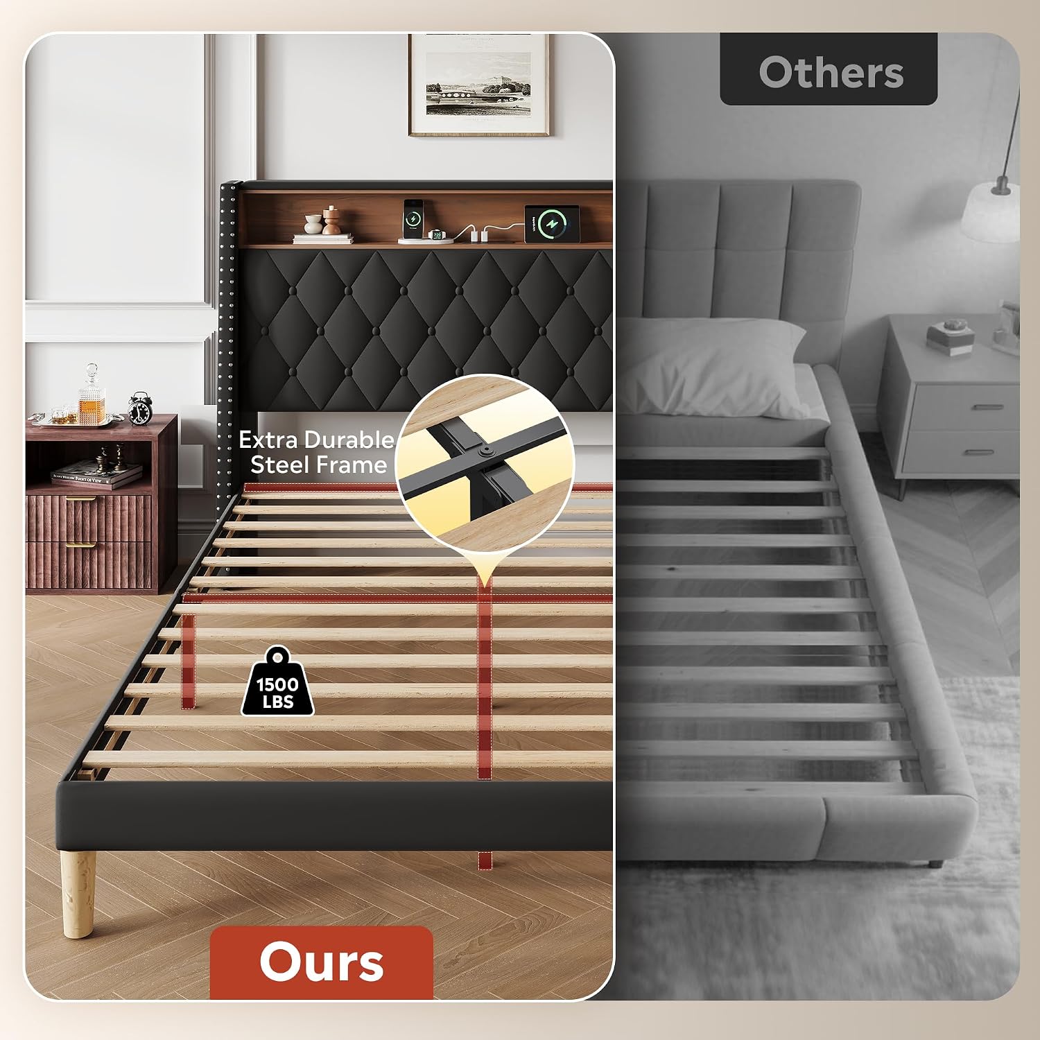 WLIVE Queen Size Upholstered Bed Frame with 48'' Tall Wingback Headboard, Velvet Square Tufted Platform Beds with Charging Station, Sturdy Metal & Wooden Slats Support, Black