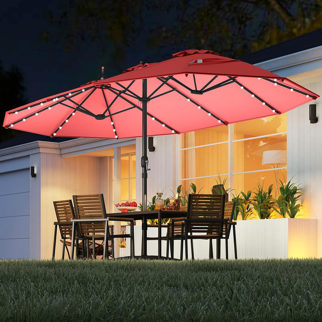 Tangkula 15FT Double-Sided Solar Patio Umbrella, Extra-Large Outdoor Twin Umbrella with 48 LED Lights, Vented Top, Crank Handle, 12 Ribs, Weighted Base Included for Backyard Poolside Deck (Wine)