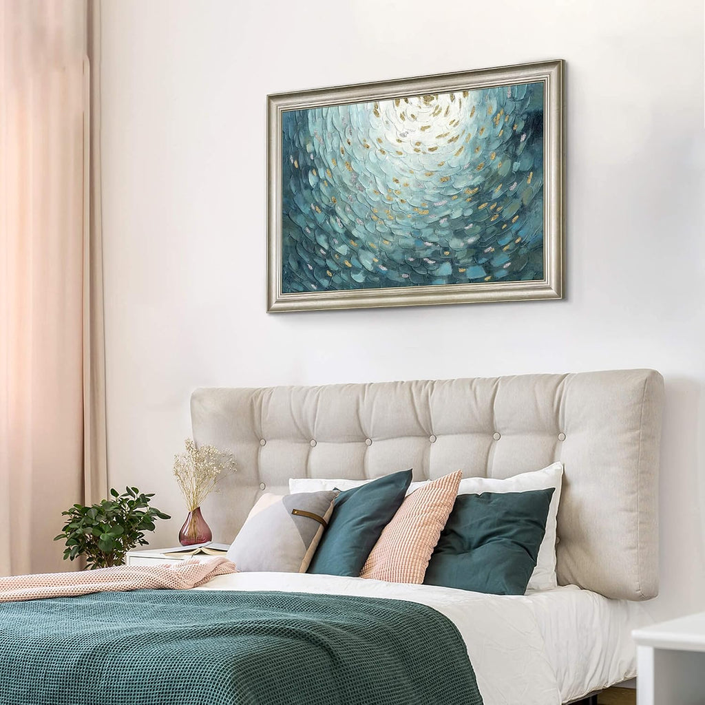 Framed Teal Abstract Canvas Art: Large Modern Hand Painted Textured Artwork Print Contemporary Turquoise Painting Picture with Gold Foil Wall Decor for Home Office Bedroom Living Room Decoration