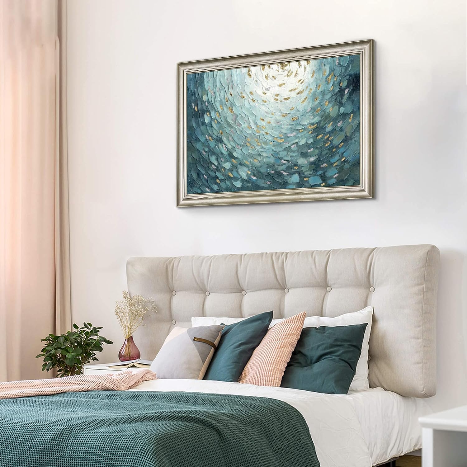 Framed Teal Abstract Canvas Art: Large Modern Hand Painted Textured Artwork Print Contemporary Turquoise Painting Picture with Gold Foil Wall Decor for Home Office Bedroom Living Room Decoration