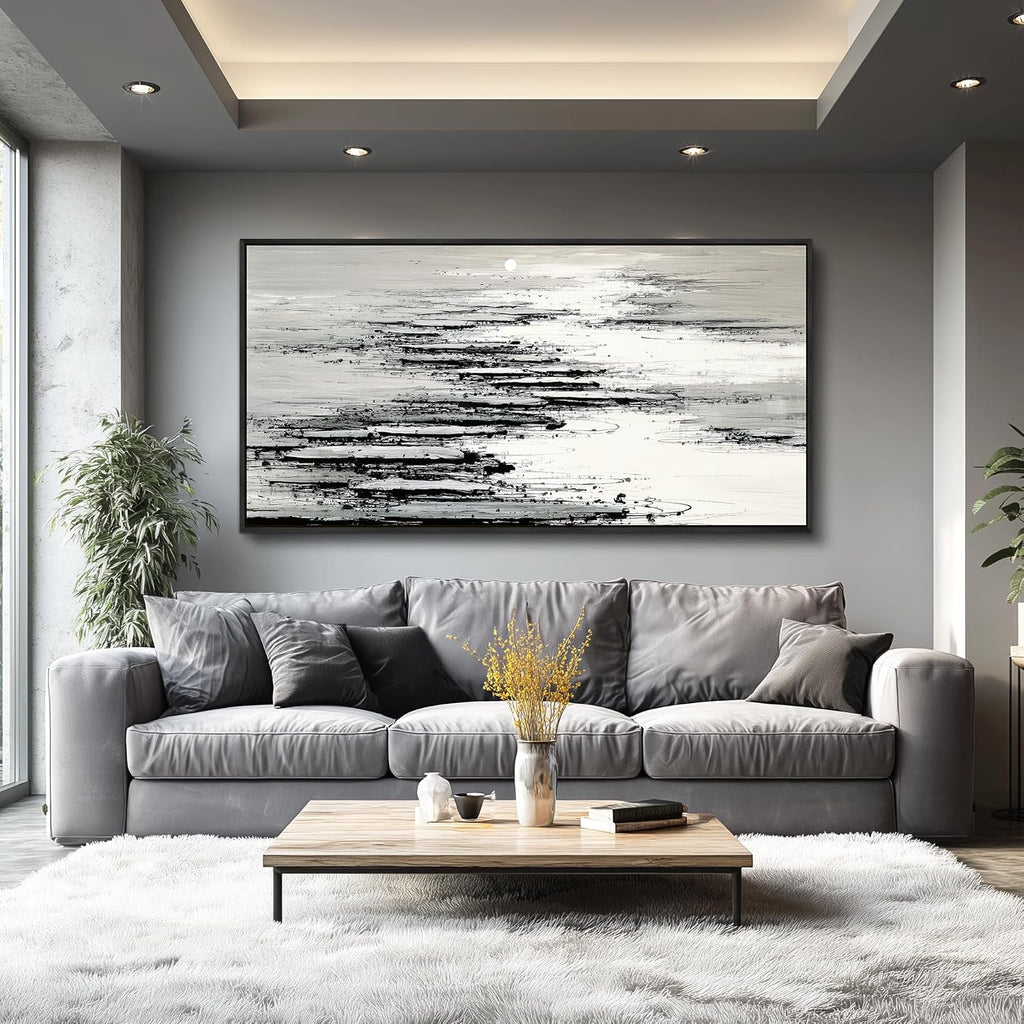 XIGUANGART Black and White Wall Art for Living Room Large Framed Canvas Print Minimalist Ocean Skyline Sunset Abstract Pictures Modern Painting For Bedroom Office Home Wall Decor Ready to Hang