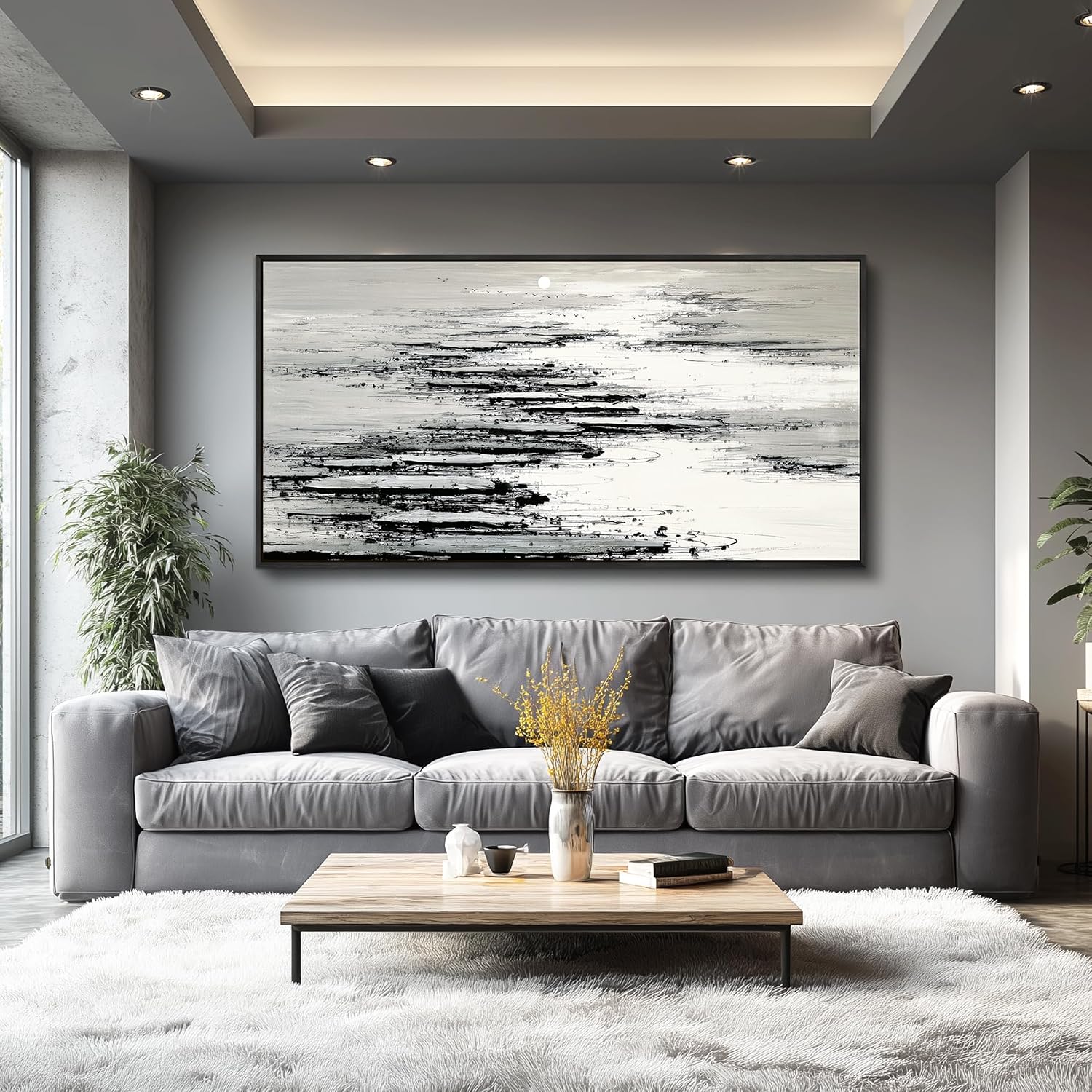 XIGUANGART Black and White Wall Art for Living Room Large Framed Canvas Print Minimalist Ocean Skyline Sunset Abstract Pictures Modern Painting For Bedroom Office Home Wall Decor Ready to Hang