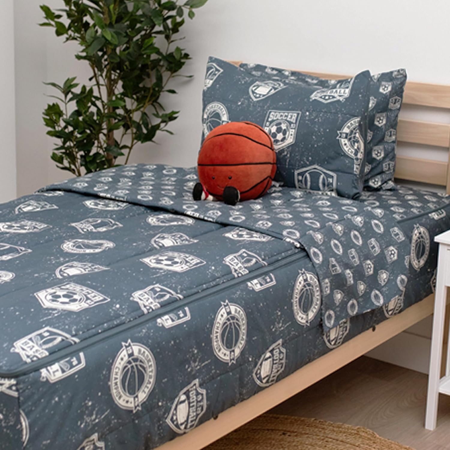 Beddy's Sports Theme Durable Zipper Bedding for Kids - Bed in a Bag - Blue Sheets with Baseball, Football, Basketball, Soccer Comforter - Includes Pillowcase & Sham - Easy to Make & Wash - Full