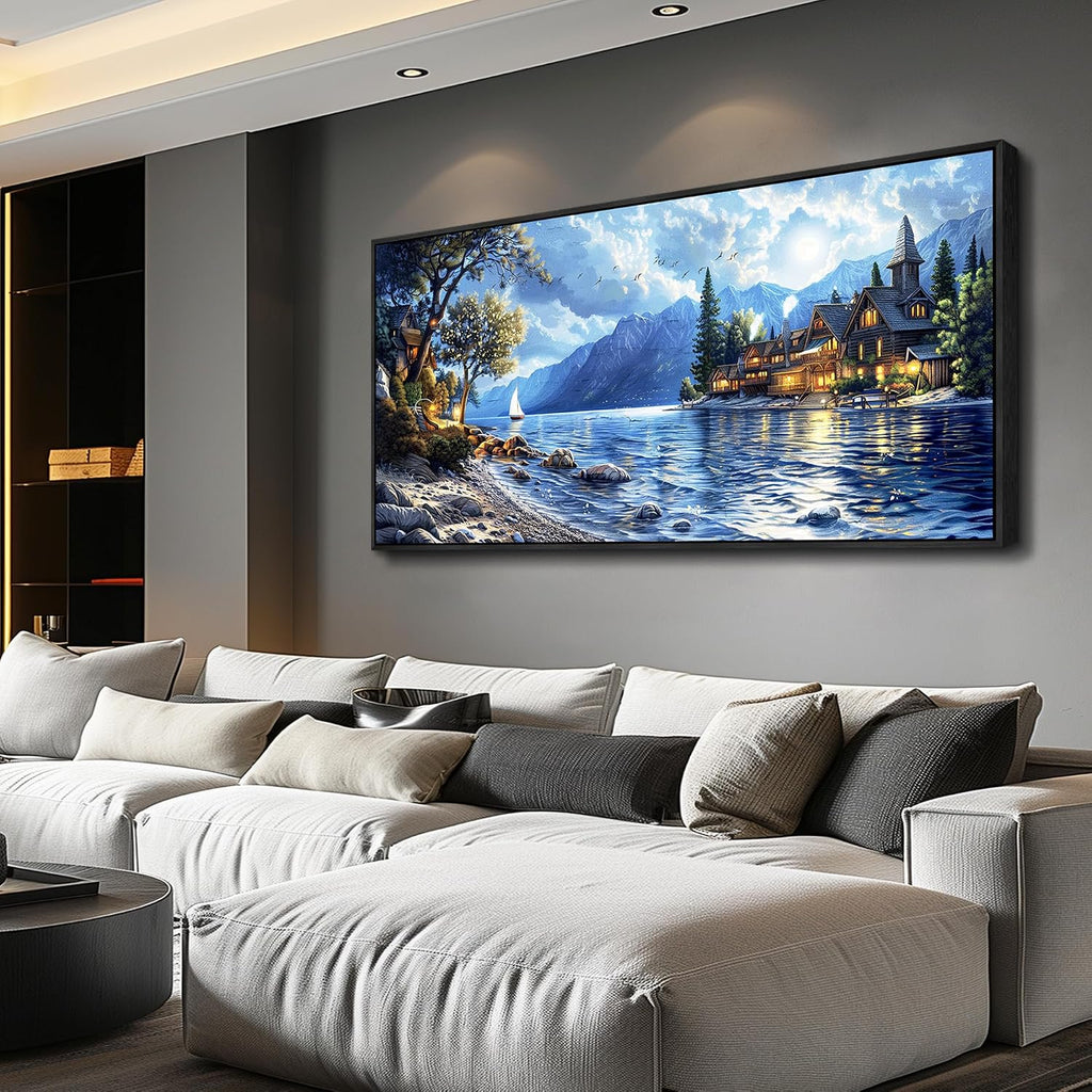 XIGUANGART Coastal Wall Art Blue Ocean Picture Mountain Wall Decor Lake Beside Countryside Large Canvas Print Art for Living Room Bedroom Home Office Forest Scenery Painting Decoration Framed Artwork