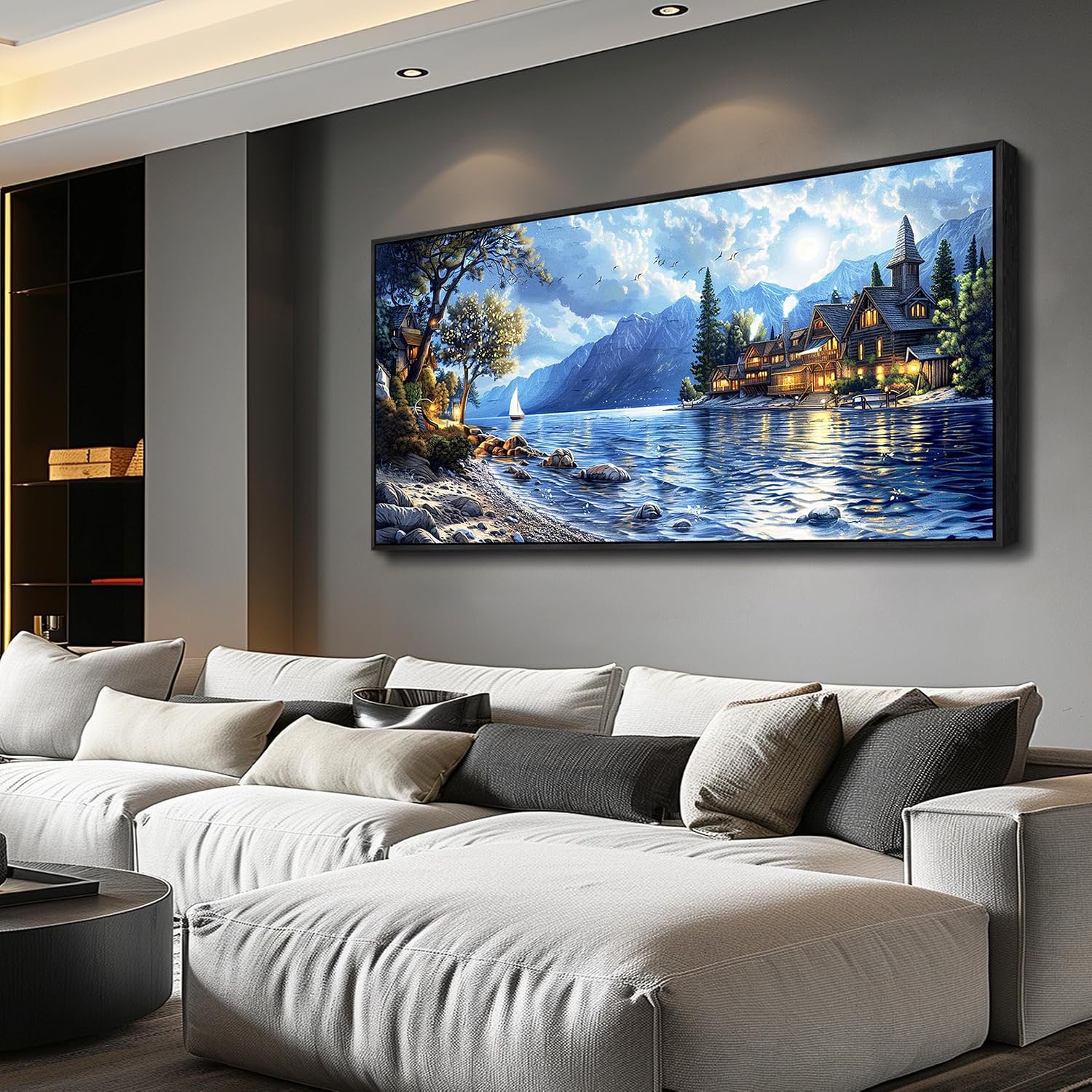 XIGUANGART Coastal Wall Art Blue Ocean Picture Mountain Wall Decor Lake Beside Countryside Large Canvas Print Art for Living Room Bedroom Home Office Forest Scenery Painting Decoration Framed Artwork