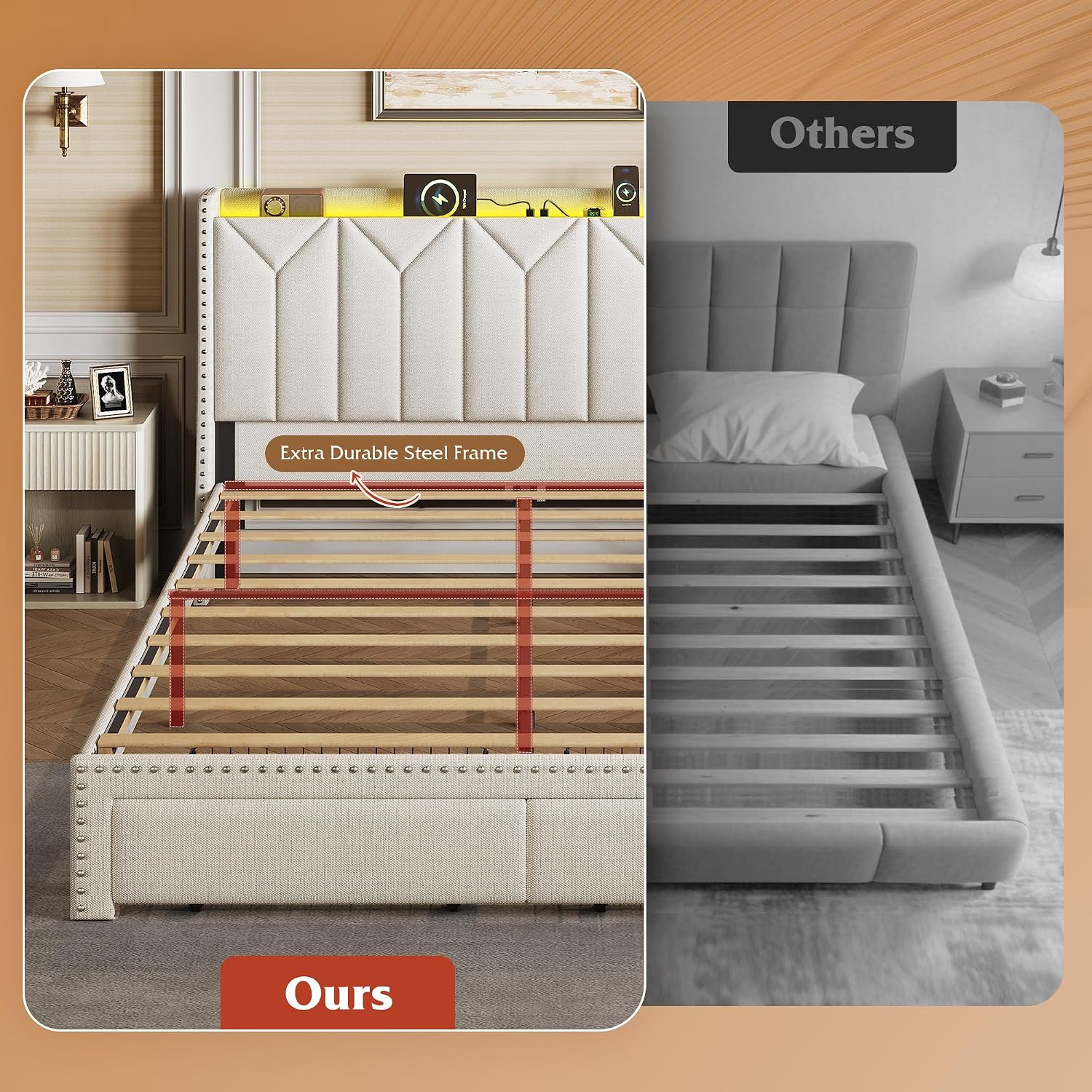 WLIVE Full Size Upholstered Bed Frame with 2 Drawers, Storage Headboard Platform Bed with Charging Station and LED Light, Sturdy Metal & Wooden Slats Support, No Box Spring Needed, Beige