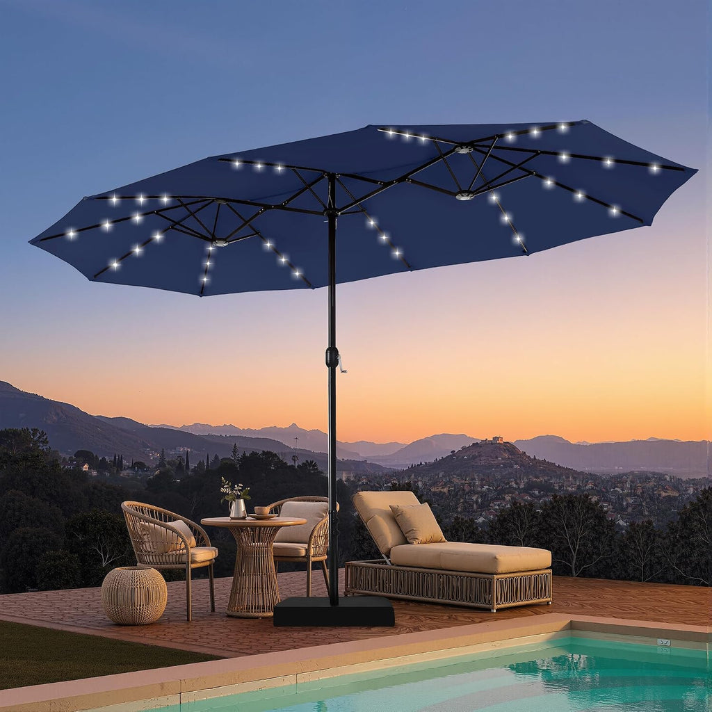 PHI VILLA 15ft Large Patio Umbrella with Solar Lights, Double-Sided Outdoor Market Rectangle Umbrellas with 36 LED Lights, Umbrella Base (Stand) Included, Navy Blue