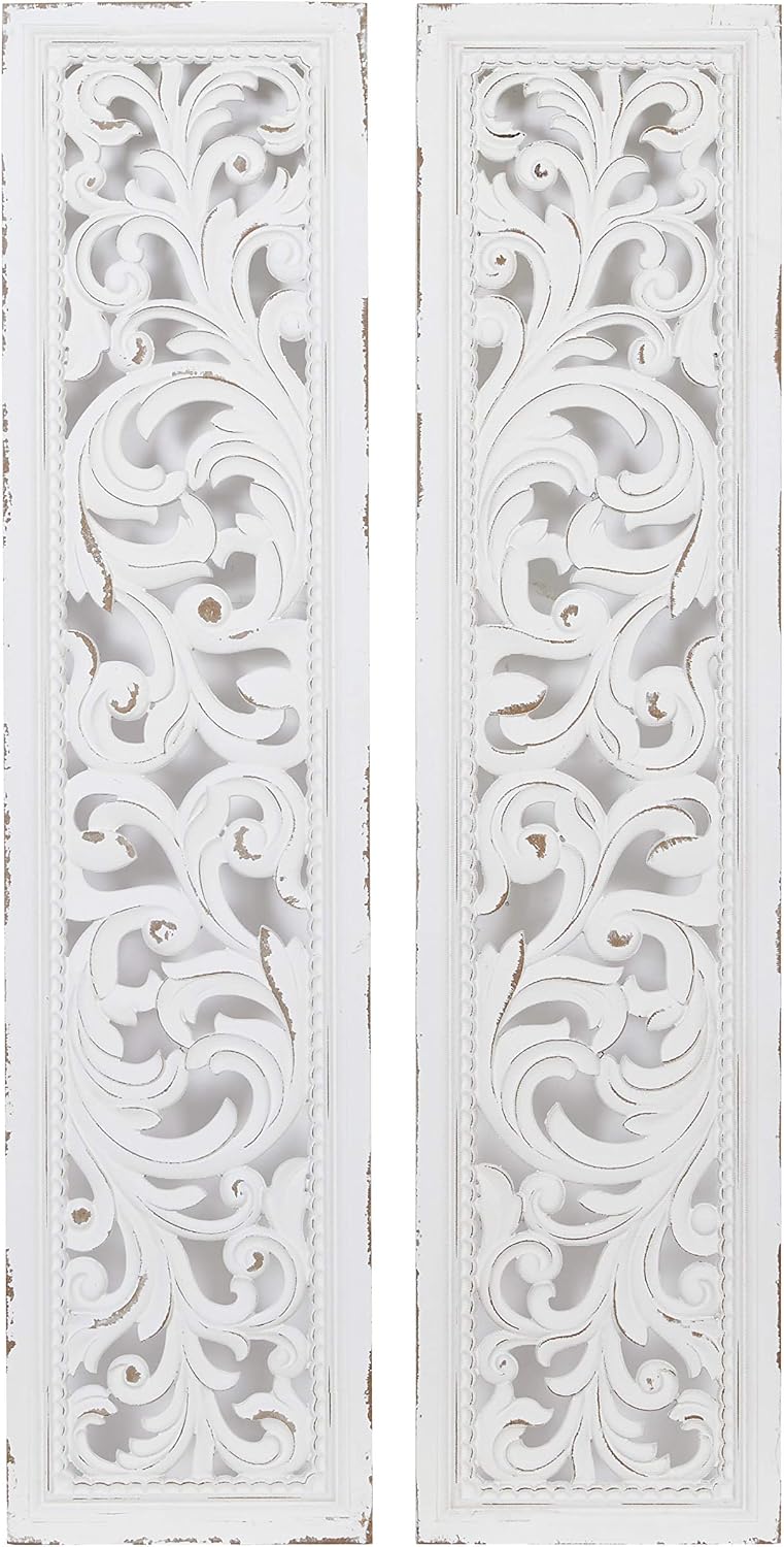 Deco 79 Wood Floral Home Wall Decor Intricately Carved Scroll Wall Sculpture, Set of 2 Wall Art 12'W, 50'H, White