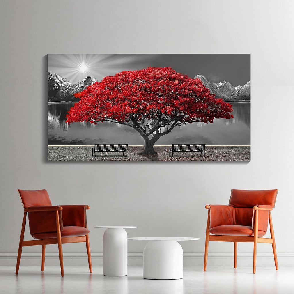 Mofutinpo Black and White Red Tree Wall Art Canvas Print Picture Large Red Tree Landscape Modern Artwork for Living Room Bedroom Office Home Wall Decor With Frame 29X58inch