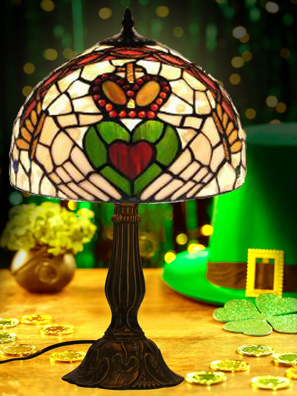 KY&BOSAM Tiffany Table Lamps Irish Gold Crown Celtic Light Stained Glass Art Style Desk Lamp19 Inche Tall 12 Inche Wide Lamp Shade1 Bulb Antique Zinc Base Living Room Bedroom St Patrick's Day Decor