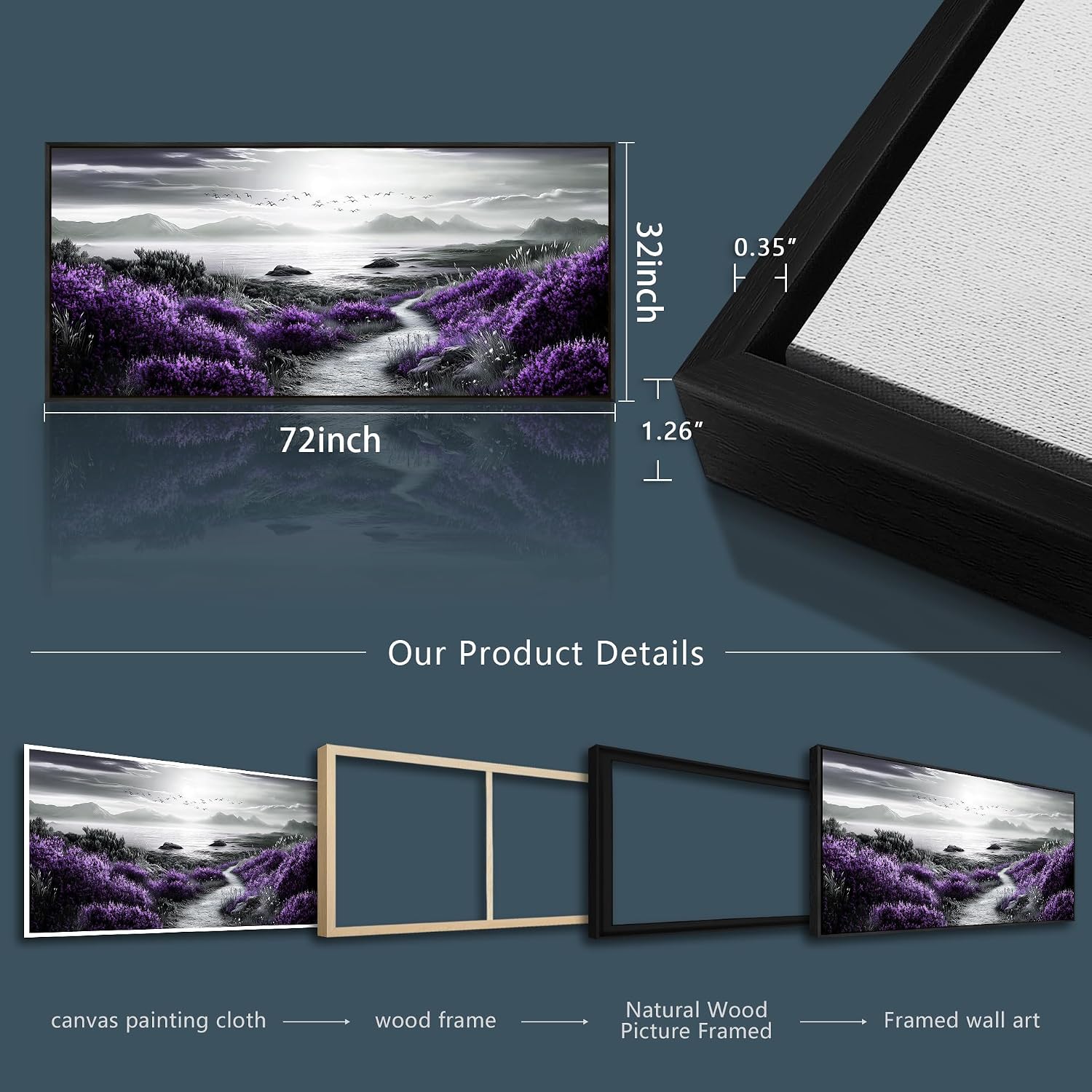 FUHAIHUA Canvas Wall Art For Living Room Wall Decor For Bedroom Office Wall Decoration Purple Flowers Landscape Painting Black And White Pictures Artwork Room Aesthetic Home Decor 32x72 In