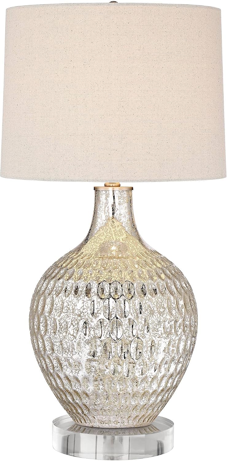 360 Lighting Waylon Modern Table Lamp with Clear Round Riser 29 1/2' Tall Mercury Glass Dimpled Textured Off White Drum Shade for Bedroom Living Room House Bedside Nightstand Office Family