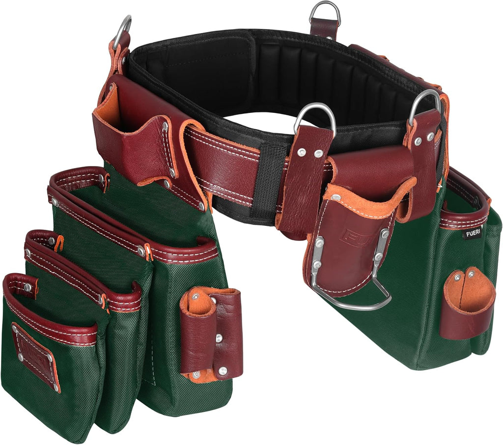 FUERI Electrician's Heavy Duty 26 Pocket Leather-Nylon Tool Belt & Bag Combo for Men, Comfort Back Support Padded Belt, 2 Large Storage Capacity Pouches, Best for Framers, Carpenter, Roofing
