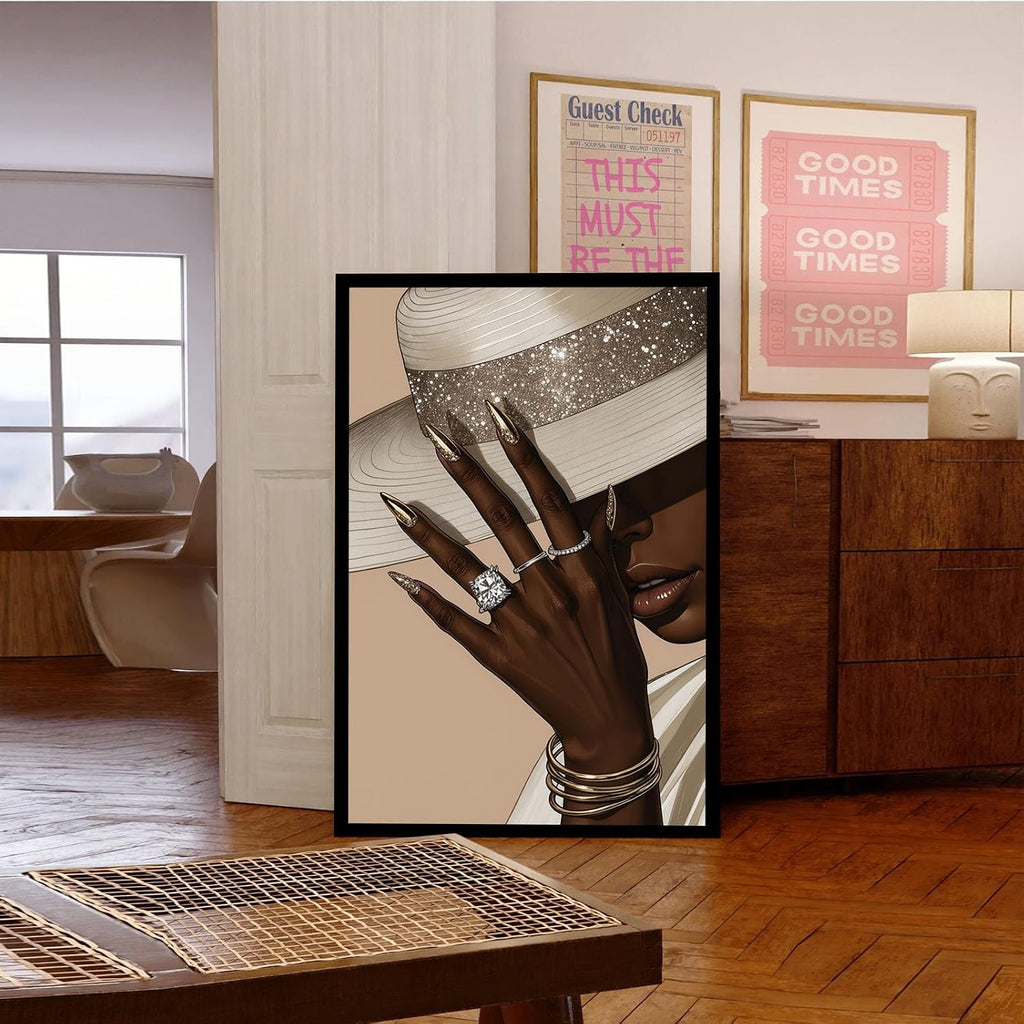 Fashion wall painting Black girl with white hat Canvas painting African poster is a good choice for room decoration Simple art 24x36in Metal blackFramed
