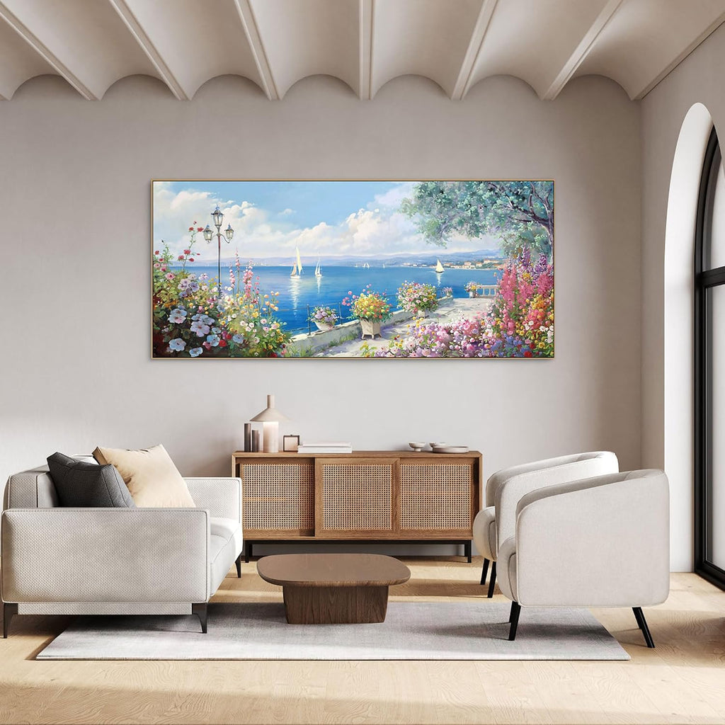 XLSJERST Coastal Wall Art for Living Room - Extra Large 86x39 Inches Ocean Seascape Canvas Beach Painting Landscape Sailboat Picture Modern Artwork Framed for Bedroom Office Home Decor
