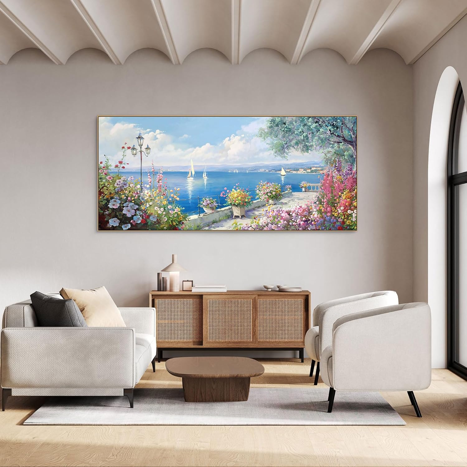 XLSJERST Coastal Wall Art for Living Room - Extra Large 86x39 Inches Ocean Seascape Canvas Beach Painting Landscape Sailboat Picture Modern Artwork Framed for Bedroom Office Home Decor