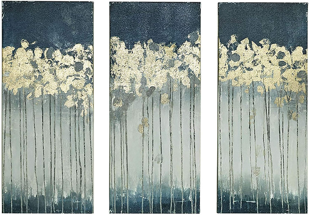 Madison Park Wall Art Living Room Decor - Embelished Gold Foil Triptych Canvas Home Accent Dining, Bathroom Decoration, Ready to Hang Painting for Bedroom, 15' x 35', Midnight Forest Blue 3 Piece