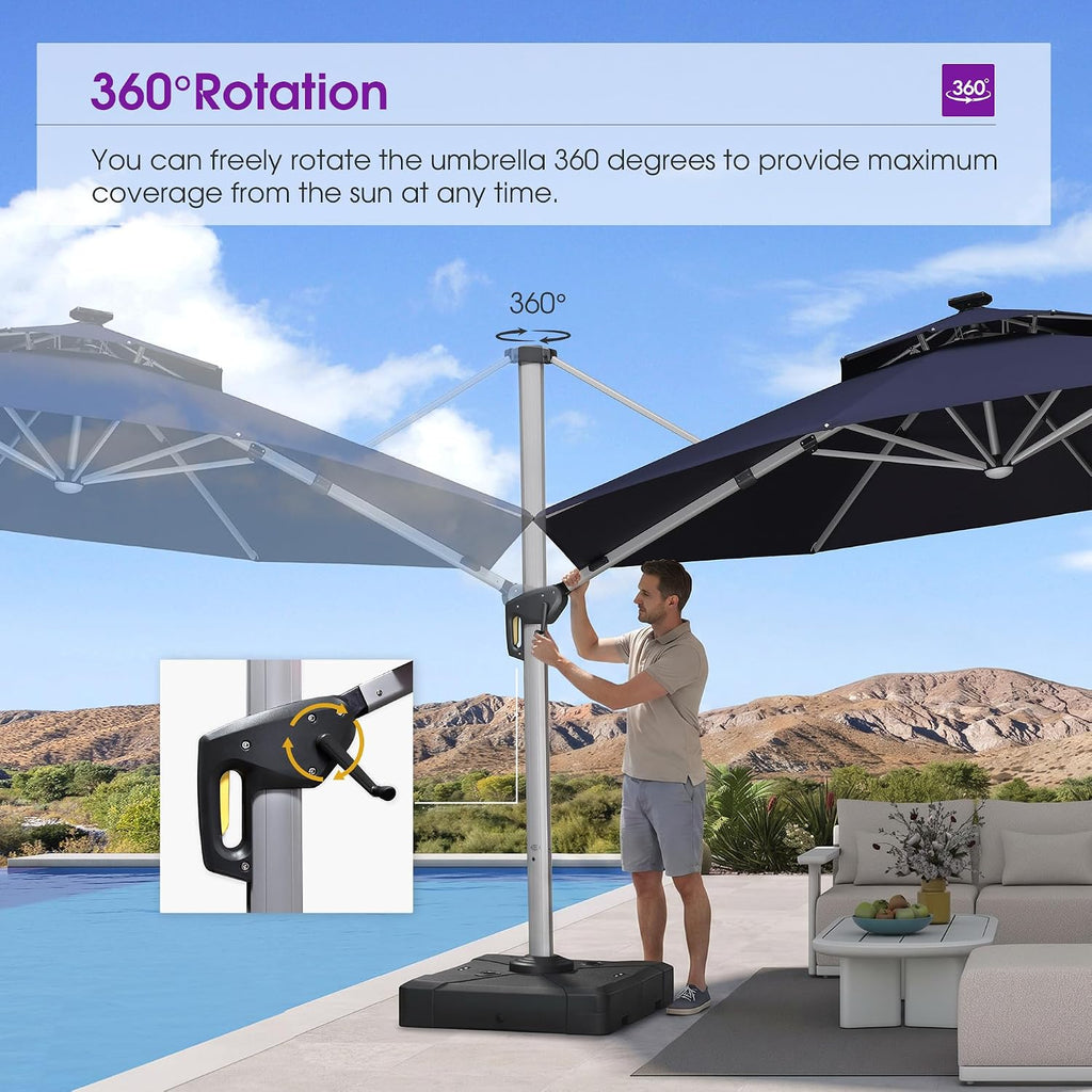 PURPLE LEAF 13ft Patio Umbrella with Lights Outdoor Round Large Cantilever Umbrella Solar Powered LED Windproof Offset Umbrella Heavy Duty for Garden Deck Pool Patio, Navy Blue