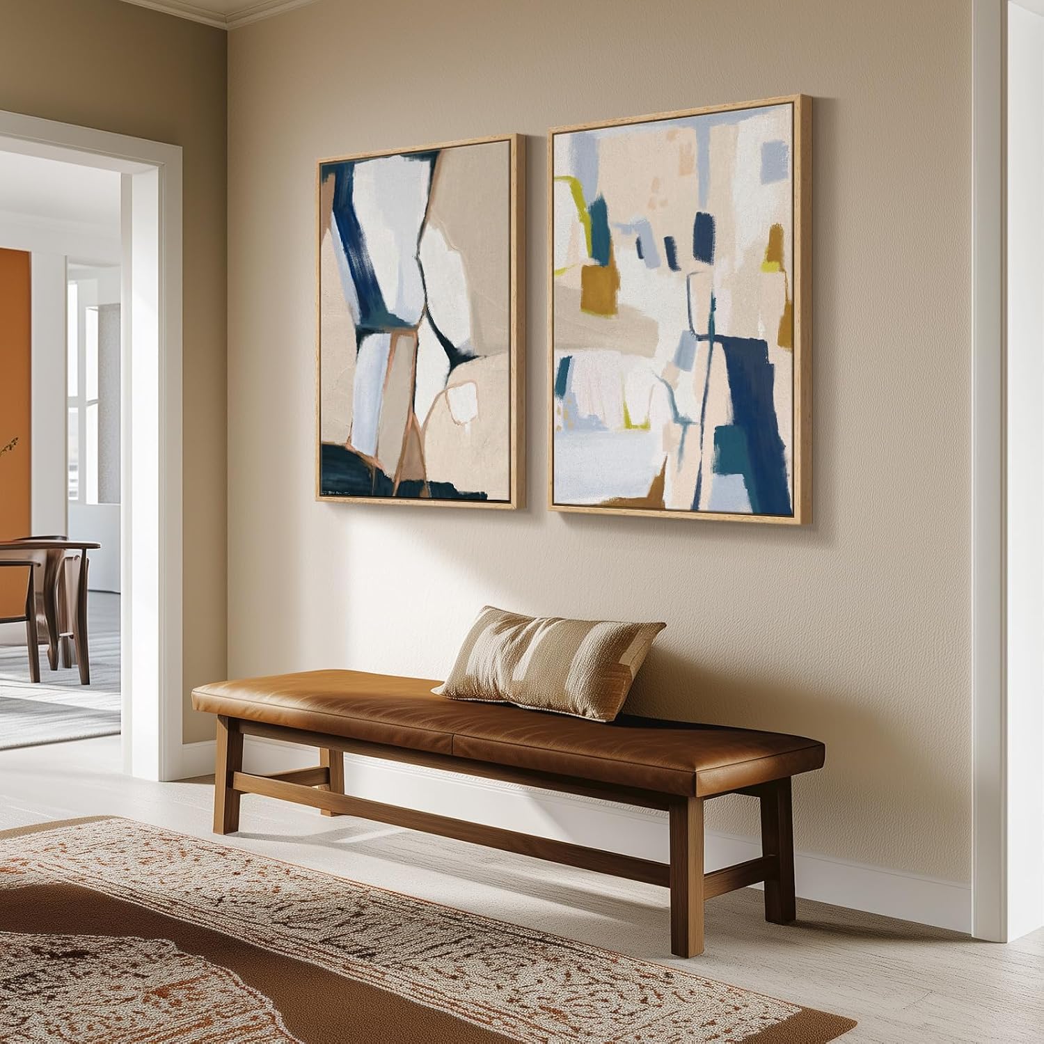 Large Framed Neutral Abstract Wall Art for Living Room, Set of 2 Bright Modern Canvas Prints Paintings Artwork for Walls, Colorful Abstract Pictures for Hallway Stair Bedroom Office Wall Decor 24x36 In