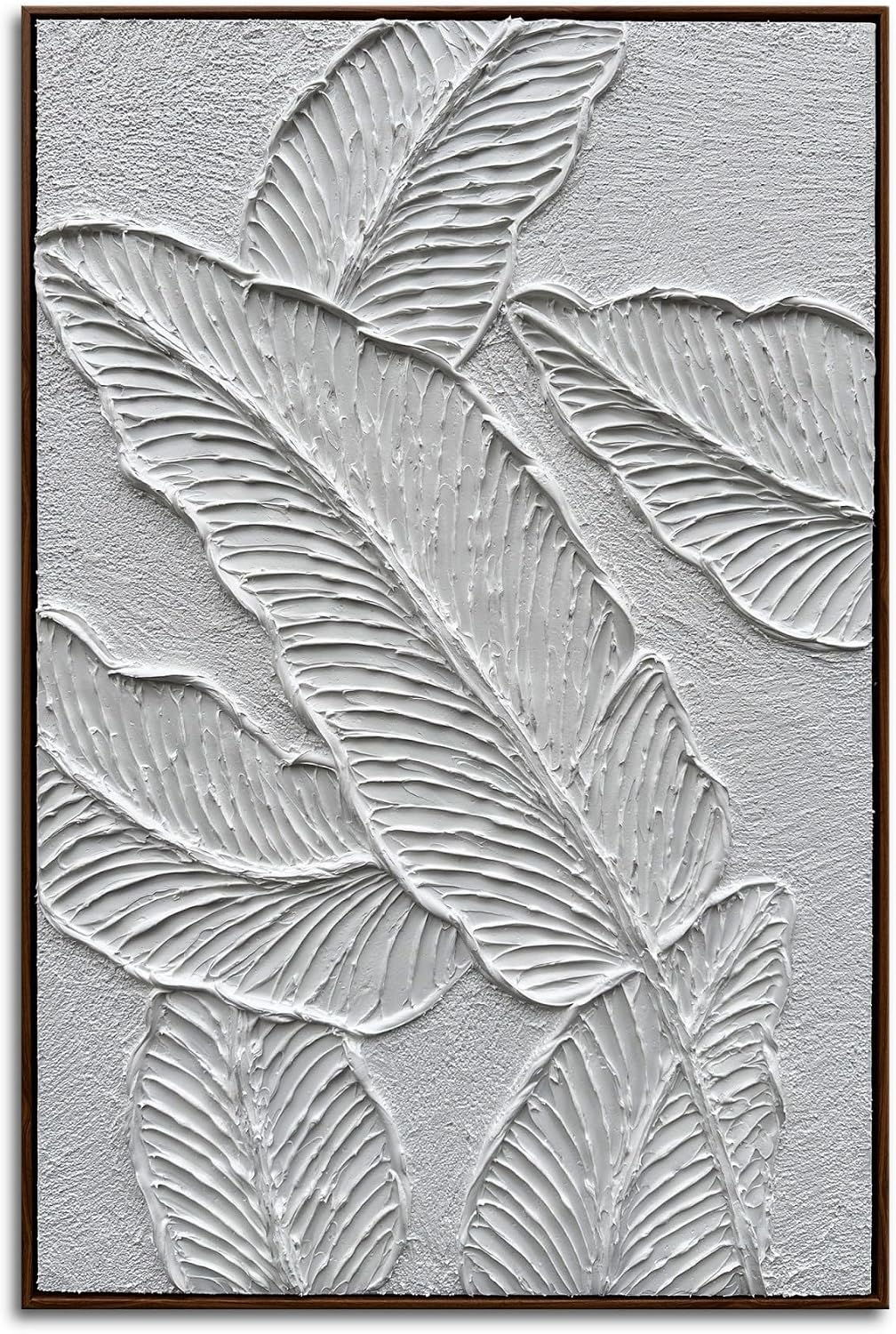 Slyart White Textured Wall Art, Hand Painted Canvas Abstract Wall Art Framed, 3D Minimalist White Leaf Plant Painting 24'x36'