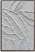 Slyart White Textured Wall Art, Hand Painted Canvas Abstract Wall Art Framed, 3D Minimalist White Leaf Plant Painting 24'x36'