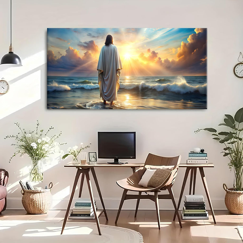 Jesus Walking on Water Wall Art Inspirational Biblical Wall Decor Jesus Walking on Sunset Ocean Picture Christian Religious Painting Decor Nature Beach Poster Artwork Church Home Decorations 30x60'