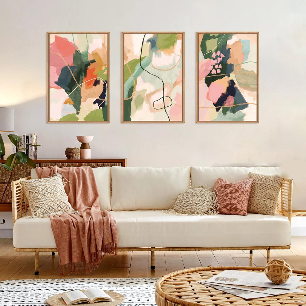 Colorful Abstract Framed Canvas Wall Art Set,Modern Multicolor Pastel Minimalist Line Wall Decor,Boho Green and Pink Painting for Living Room,Bedroom-24 x36 x3