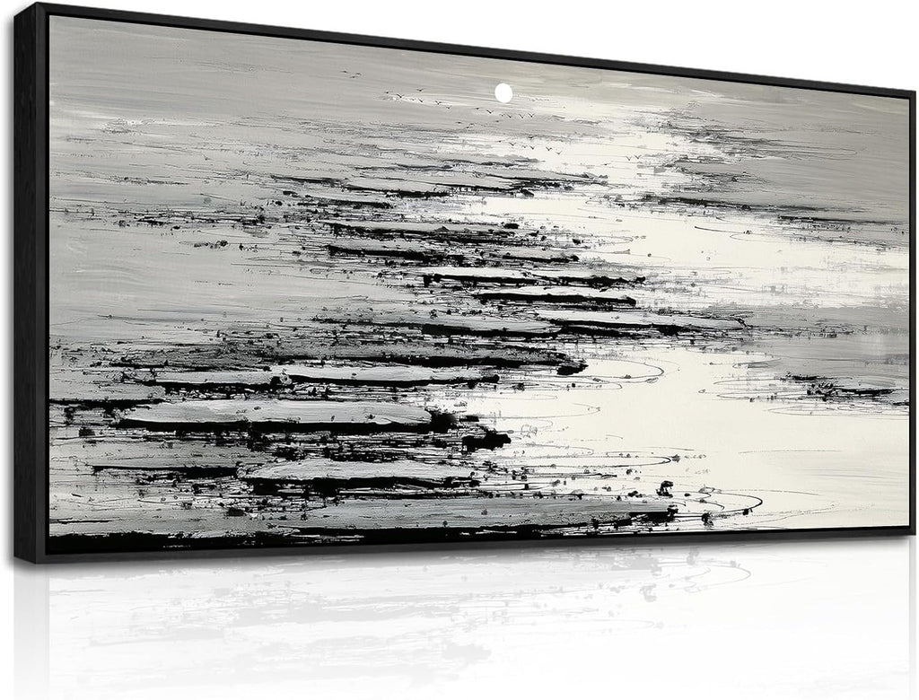 XIGUANGART Black and White Wall Art for Living Room Large Framed Canvas Print Minimalist Ocean Skyline Sunset Abstract Pictures Modern Painting For Bedroom Office Home Wall Decor Ready to Hang