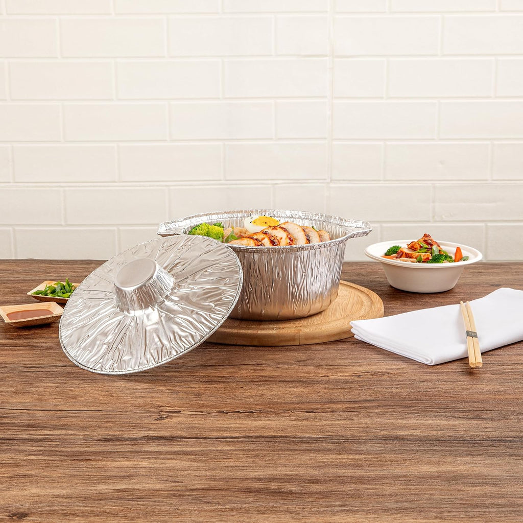 Foil Lux 60 Ounce Pans And Lids, 100 Disposable Pots With Lids - Oven-Ready, Stove Compatible, Aluminum Foil Baking Pans, Freezable, For Outdoor Camping, Vacation, Picnic, And More - Restaurantware